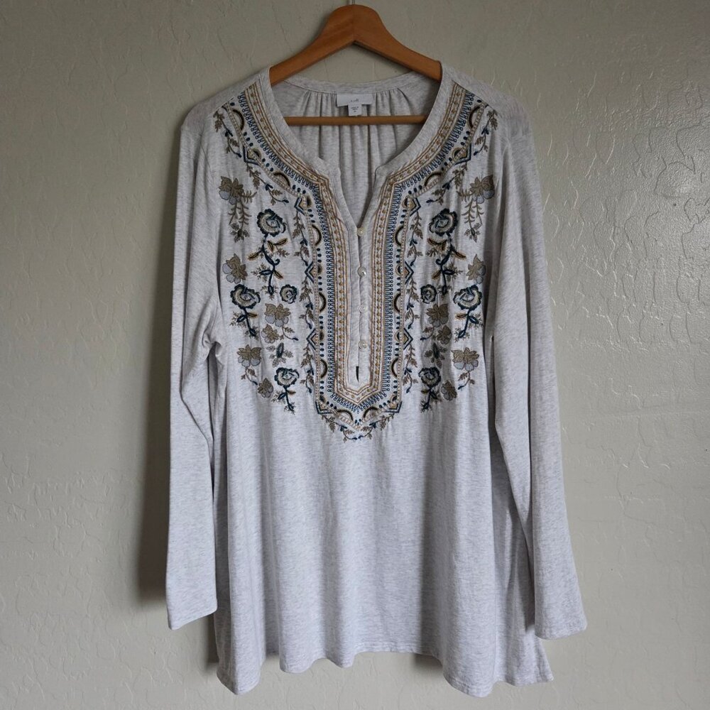 J.Jill Embroidered Split V-Neck Tunic Top Heathered Grey Sz XL Bohemian Peasant